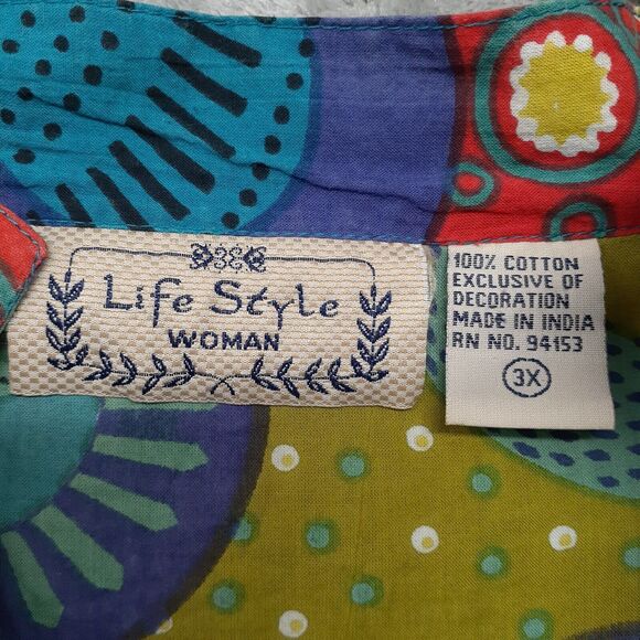 Lifestyle Woman Sz 3X BOHO Colorful Mixed Floral Beaded Cotton Tunic Blouse - Picture 3 of 7